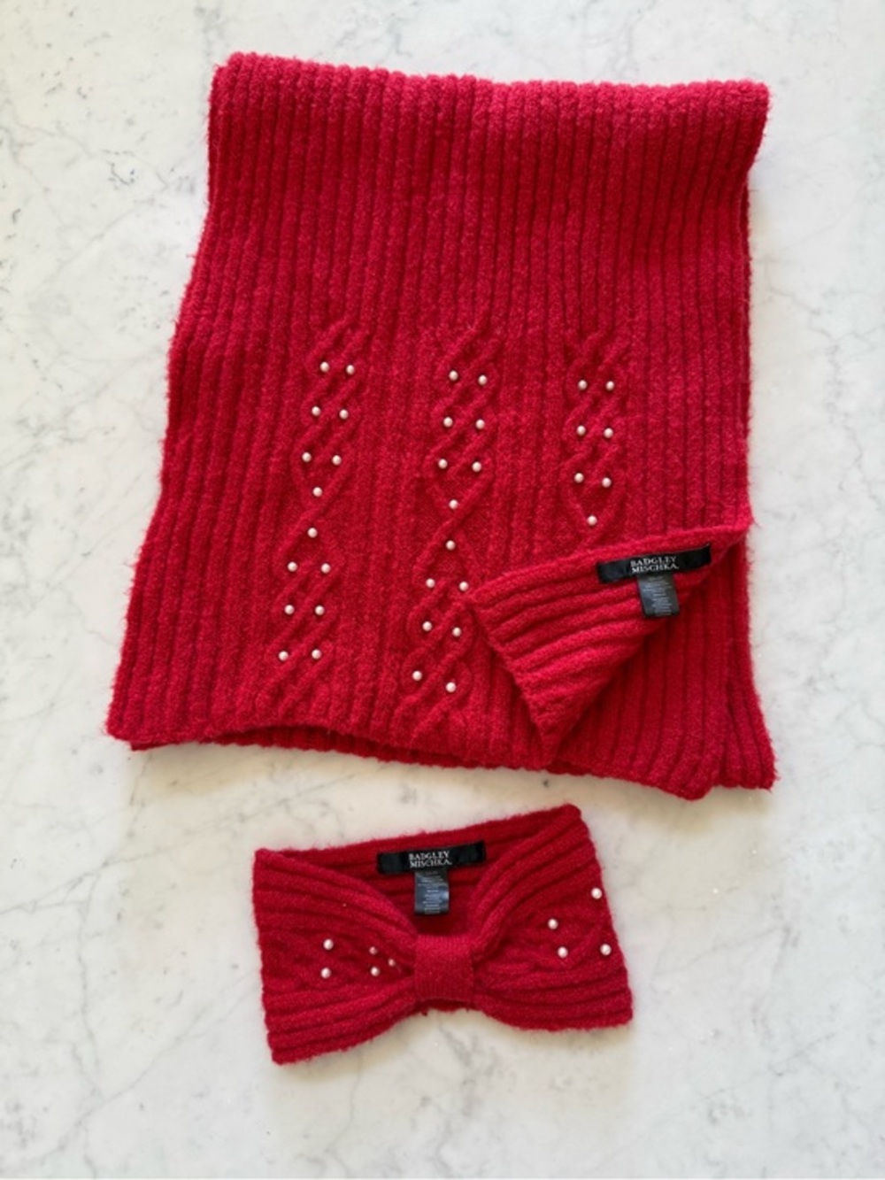 Badgley Mischka Red Pearl Knit Scarf Bow Headband Set OS